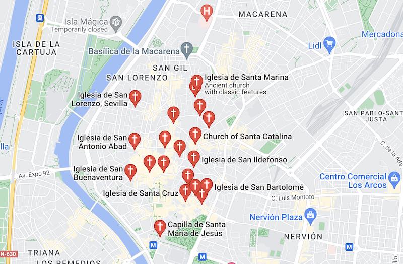 Map of the best Churches in Seville