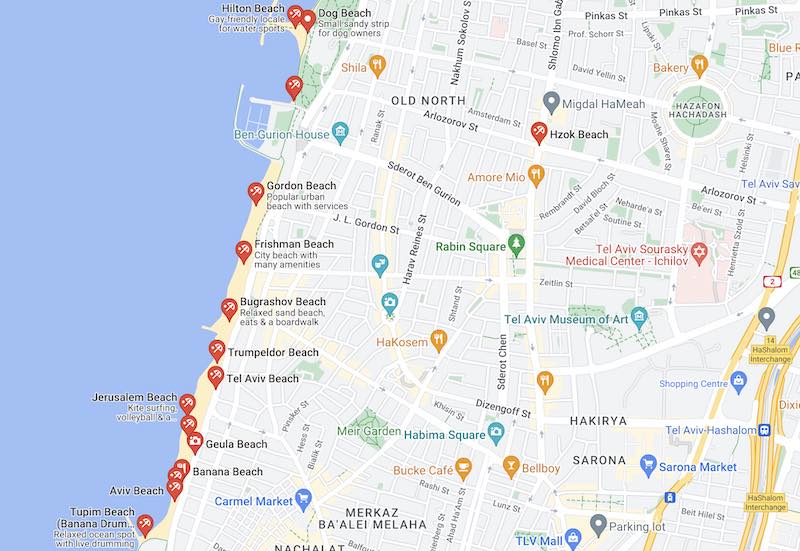 map of best beaches in Tel Aviv
