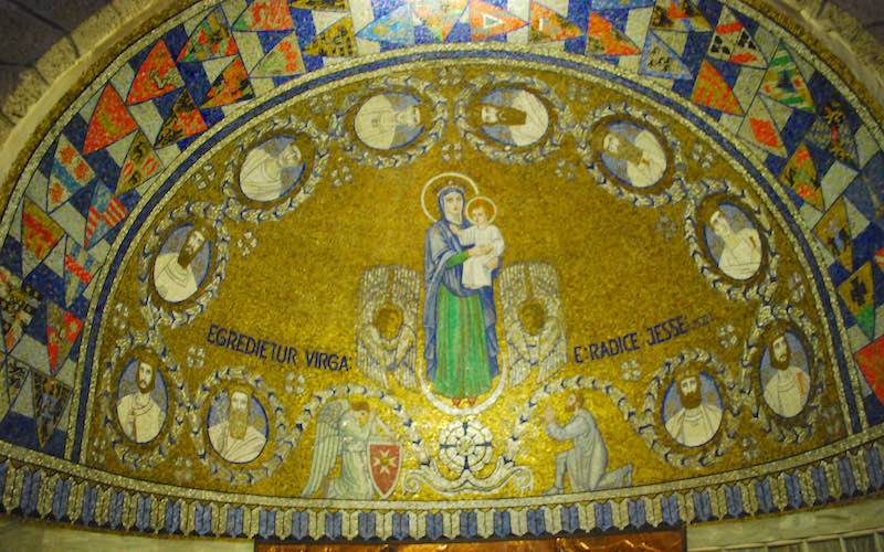 Mosaic inside Dormition Abbey Mary and Jesus