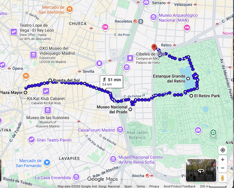 Walking route weekend in Madrid day 2 map